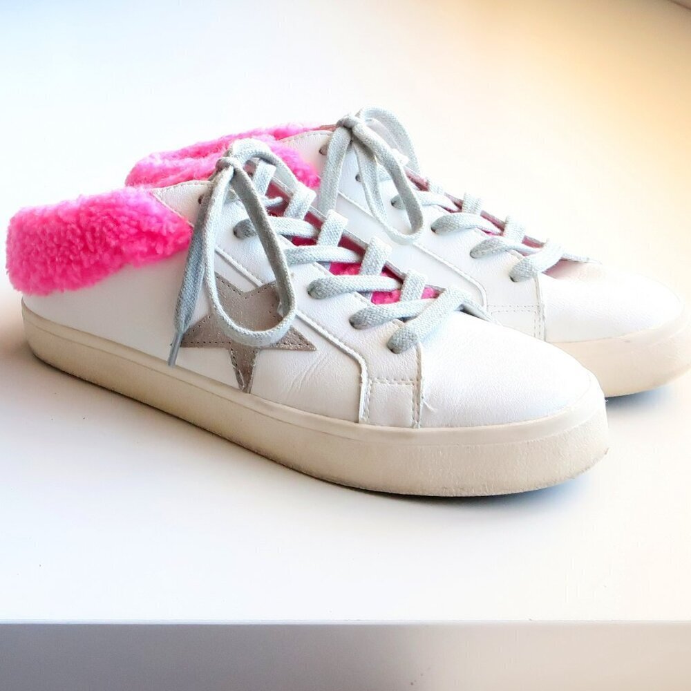Steve Madden Polaris White Leather & Pink Sherpa Lace-up Star Sneakers Shoes 8 - Picture 15 of 16